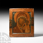 Russian Icon with Virgin of Kazan
17th century A.D. A wooden painted board with mounting panels to the reverse, gessoed surface with central painting...