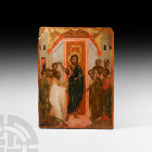 Cretan Incredulity of St Thomas Icon
17th century A.D. An icon painted on a wooden board with reinforcing panel to the reverse, gessoed surface with ...