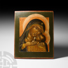 Russian Icon with Virgin of Korsun
19th century A.D. A wooden painted board with mounting slots to the reverse, gessoed surface with painting of the ...