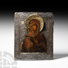 Russian Icon with Virgin Donskaya with Silver Basma
Circa 1700 A.D. A rectangular wooden board with slots and mounting panels to the reverse; sheet s...