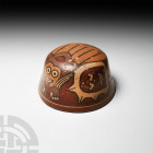 Pre-Columbian Nazca Anthropomorphic Feline Bowl
1st century B.C.-6th century A.D. A polychrome ceramic bowl with tapering sidewall, everted rim and r...