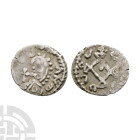 Saxon Coins - Merovingian - AR Denier
7th-8th century A. D. Obv: profile bust left with cross before and [ ]VANE legend. Rev: lozenge with triangular...