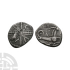 Celtic Iron Age Coins - Catuvellauni - Cunobelin - Capricorn AR Unit
8-41 A.D. Obv: wreath crossed by line with C / V / N / O in angles. Rev: caprico...