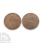 English Milled Coins - Victoria - 1871 - Bronze Halfpenny
Dated 1871 A.D. Bun head issue. Obv: profile bust with VICTORIA D G BRITT REG F D legend. R...