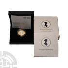 English Milled Coins - Elizabeth II - 2017 - RM Jane Austen Proof Silver Piedfort £2
Dated 2017 A.D. Silver and part gilt piedfort proof. Obv: profil...