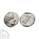 Ancient Greek Coins - Attica - Athens - Owl AR Tetradrachm
Circa 454-404 B.C. Obv: helmeted head of Athena right. Rev: AQE with owl standing right, h...