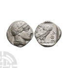 Ancient Greek Coins - Attica - Athens - Owl AR Tetradrachm
Circa 454-404 B.C. Obv: helmeted head of Athena right. Rev: AQE with owl standing right, h...