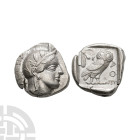 Ancient Greek Coins - Attica - Athens - Owl AR Tetradrachm
Circa 454-404 B.C. Obv: helmeted head of Athena right. Rev: AQE with owl standing right, h...