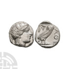 Ancient Greek Coins - Attica - Athens - Owl AR Tetradrachm
Circa 454-404 B.C. Obv: helmeted head of Athena right. Rev: AQE with owl standing right, h...