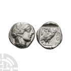 Ancient Greek Coins - Attica - Athens - Owl AR Tetradrachm
Circa 454-404 B.C. Obv: helmeted head of Athena right. Rev: AQE with owl standing right, h...