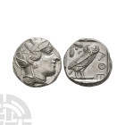 Ancient Greek Coins - Attica - Athens - Owl AR Tetradrachm
After 449 B.C. Obv: head of Athena to right, wearing crested Attic helmet decorated with t...