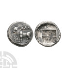 Ancient Greek Coins - Bithynia - Calcedon - Bull AR Drachm
387-340 B.C. Obv: bull standing left on ear of corn(?), monogram before it, KAA(?) in fiel...