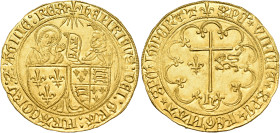 ANGLO-GALLIC. Henry VI, King of England and France, 1422-1461. Salut d’or (Gold, 27 mm, 3.52 g, 12 h), initial mark, fleur de lis; mullet stops on the...