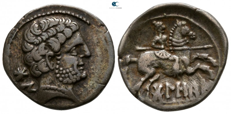 Iberia. Bolskan circa 80-72 BC. 
Denarius AR

18mm., 4,00g.

Bearded male h...