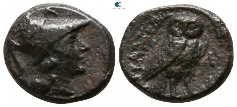 Apulia. Rubi 300-225 BC. 
Bronze Æ

13mm., 2,72g.

Helmeted head of Athena ...