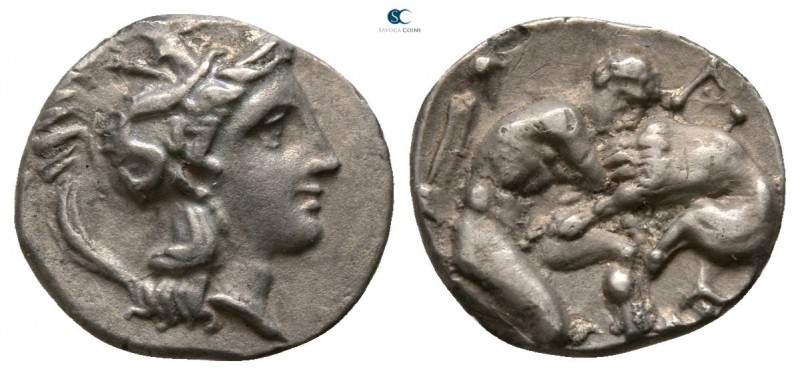 Lucania. Herakleia 432-420 BC. 
Diobol AR

10mm., 0,92g.

Helmeted head of ...