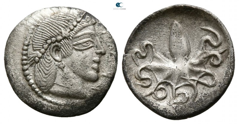 Sicily. Syracuse 466-405 BC. 
Litra AR

11mm., 0,69g.

Head of Arethousa ri...