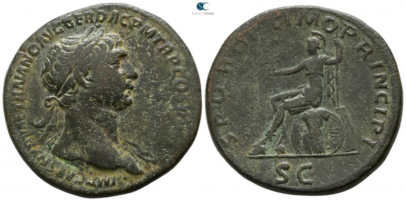 Trajan AD 98-117. Rome
Sestertius Æ

32mm., 24,36g.

IMP CAES NERVAE TRAIAN...