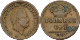 Regno delle Due Sicilie - Napoli - Ferdinando II di Borbone (1830-1859) 1 Tornese 1852 - ribattitura dell' "UNO" nel campo del rovescio - Gig. 296 - C...