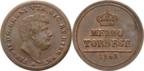 Regno due Sicilie - Ferdinando II (1830-1859) Mezzo Tornese 1853 del II°Tipo - Zecca di Napoli - Gig.320 - Cu - Tracce di rame rosso - gr.1,52

FDC...