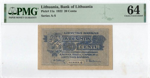 Lithuania, 20 centu 1922 - PMG 64 Wyśmienicie zachowany banknot w emisyjnym stan...