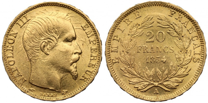 France, 20 francs 1854 Wyśmienity przykład francuskiej 20-frankówki w efektownym...