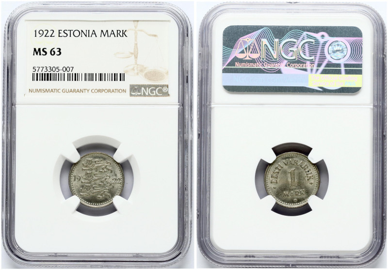 Estonia 1 Mark 1922 Obverse: Three leopards left divide date. Reverse: Denominat...