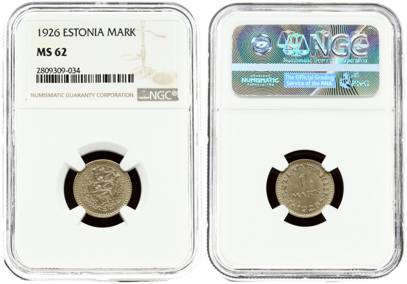 Estonia 1 Mark 1926 Obverse: National arms within wreath. Reverse: Denomination....