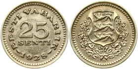 Estonia 25 Senti 1928 Obverse: National arms, wreath surrounds. Reverse: Denomination above date. Nickel-Bronze. KM-9; Kaupo Laan-20