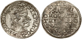 Poland 3 Groszy 1582 Olkusz. Stefan Batory (1576–1586). Obverse: Crowned bust right. Reverse: Value; divided date; symbols. Silver. Coin shift. Iger O...