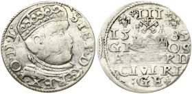 Poland 3 Groszy 1585 Riga. Stefan Batory (1576–1586). Obverse: Crowned bust right. Reverse: Value and coat of arms over the city sign. Silver. Iger R....