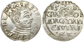 Poland 3 Groszy 1585 Riga. Stefan Batory (1576–1586). Obverse: Crowned bust right. Reverse: Value and coat of arms over the city sign. Silver 2.82g. I...