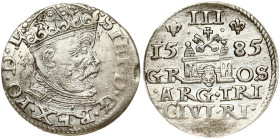 Poland 3 Groszy 1585 Riga. Stefan Batory (1576–1586). Obverse: Crowned bust right. Reverse: Value and coat of arms over the city sign. Silver 2.17g. I...