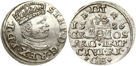 Poland 3 Groszy 1586 Riga. Stefan Batory (1576–1586). Obverse: Crowned bust right. Reverse: Value and coat of arms over the city sign. Silver 2.20g. I...
