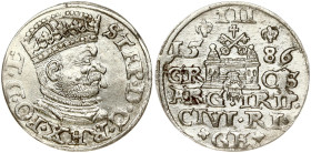 Poland 3 Groszy 1586 Riga. Stefan Batory (1576–1586). Obverse: Crowned bust right. Reverse: Value and coat of arms over the city sign. Silver 2.05g. I...