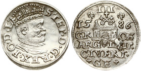 Poland 3 Groszy 1586 Riga. Stefan Batory (1576–1586). Obverse: Crowned bust right. Reverse: Value and coat of arms over the city sign. Silver 2.60g. I...