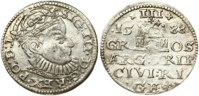 Poland 3 Groszy 1588 Riga. Sigismund III Vasa(1587-1632). Obverse: Crowned bust right. Reverse: Value and coat of arms over the city sign. Silver. Ige...