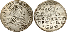 Poland 3 Groszy 1591 Riga. Sigismund III Vasa(1587-1632). Obverse: Crowned bust right. Reverse: Value and coat of arms over the city sign. Silver. Ige...