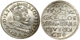 Poland 3 Groszy 1592 Riga. Sigismund III Vasa(1587-1632). Obverse: Crowned bust right. Reverse: Denomination/date/ Riga coat of arms/ legend in 4 line...
