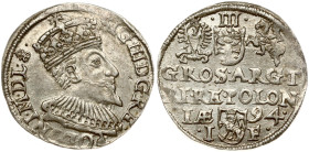 Poland 3 Groszy 1594 Olkusz. Sigismund III Vasa (1587-1632). Obverse: Crowned bust right. Reverse: Value; divided date; symbols and two-line inscripti...