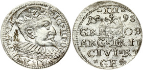Poland 3 Groszy 1598 Riga. Sigismund III Vasa(1587-1632). Obverse: Crowned bust right. Reverse: Value and coat of arms over the city sign. Silver. Ige...