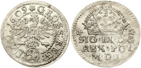 Poland 1 Grosz 1609 Krakow. Sigismund III Waza (1587-1632). Obverse: Large crown above legend. Reverse: Eagle with shield on breast; lion in shield be...