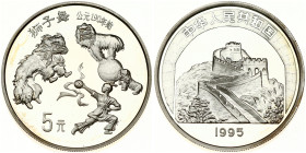 China 5 Yuan 1995 Lion Dance. Obverse: Great Wall seen through arch. Reverse: Lion dance. Silver (.900) 22.22 g. KM-826