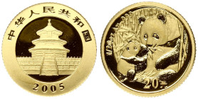 China 20 Yuan 2005 Obverse: Temple of Heaven. Reverse: Panda cub and mom seated in bamboo. Gold 1.55g. KM 1586