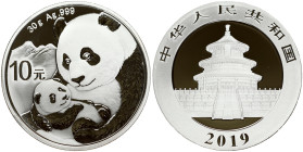 China 10 Yuan 2019 Panda; Silver Bullion. Obverse: Temple of Heaven with the country name above and the date below. Reverse: Two pandas to the left of...