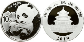 China 10 Yuan 2019 Panda; Silver Bullion. Obverse: Temple of Heaven with the country name above and the date below. Reverse: Two pandas to the left of...