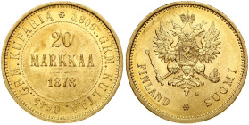 Russia for Finland 20 Markkaa 1878 S Alexander II (1854-1881). Obverse: Crowned imperial double eagle holding orb and scepter. Reverse: Denomination a...