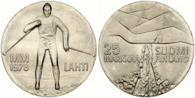 Finland 25 Markkaa 1978 Lahti. Obverse: Hills with ski trail, denomination at left. Reverse: Cross-country skiing athlete. Edge Smooth. Silver (.500) ...