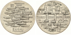 Finland 25 Markkaa 1979 750th Anniversary of Turku. Obverse: City scene of Turku with dates. Reverse: School of fish, denomination above. Edge Plain. ...