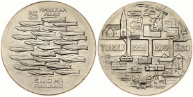 Finland 25 Markkaa 1979 750th Anniversary of Turku. Obverse: City scene of Turku with dates. Reverse: School of fish, denomination above. Edge Plain. ...